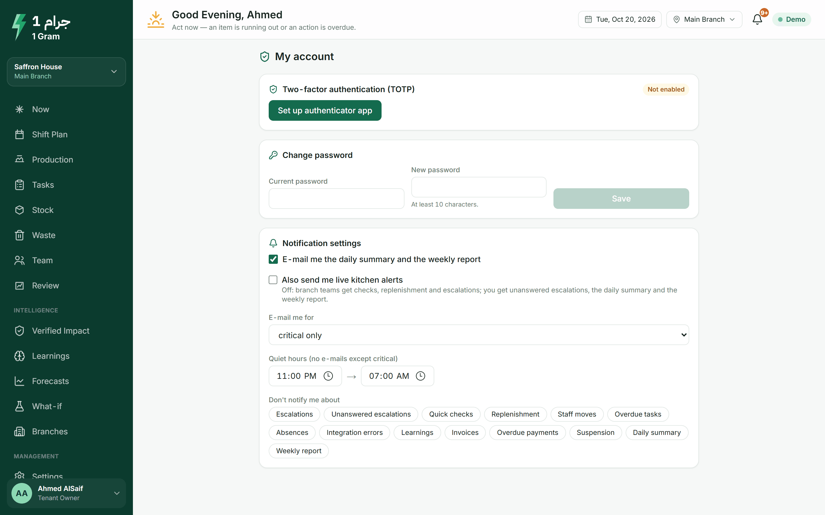 My account: two-step verification and notification settings